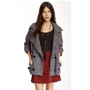 Free People Slouchy Moto Jacket Trench Pea Coat Black Marled Tweed SMALL (Est.)